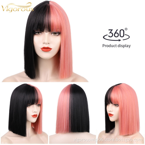 Vigorous free shipping private label color bob perruque full fiber blended synthetic no lace front pixie  wigs with bangs